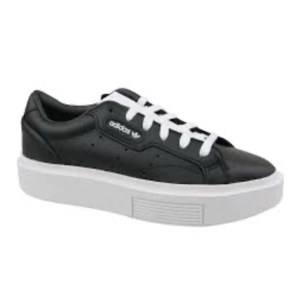 ADIDAS Sleek Super Low Top Black Leather White Trim Platform Sneakers Sz 7.5